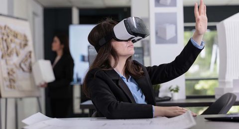 Architect in ar helmet touching virtual building model
