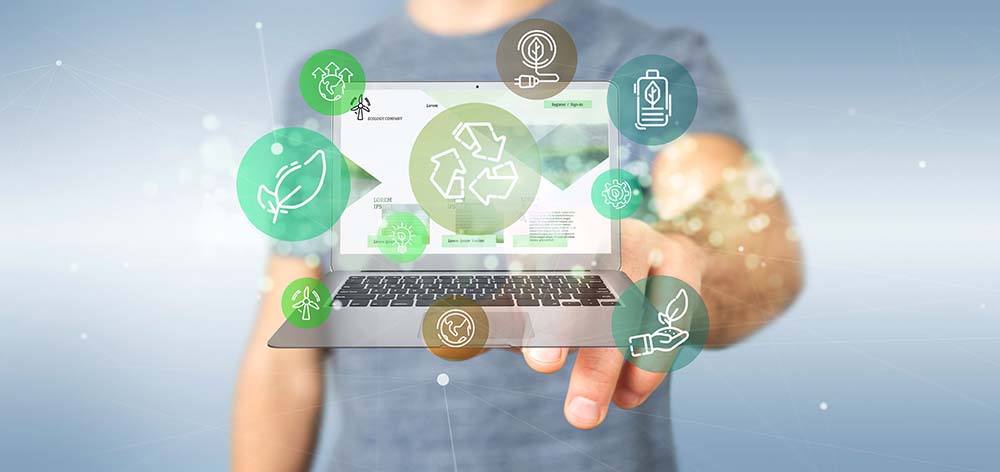 Businessman holding a Cloud of green ecology icon bubble with a laptop 3d rendering